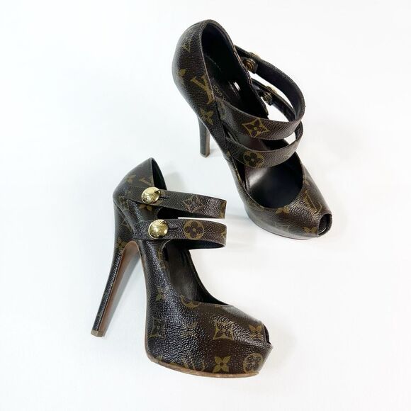 LOUIS VUITTON Ritual Fetish Platform Pumps Size 38 Brown Monogram Peep Toe - Picture 16 of 16